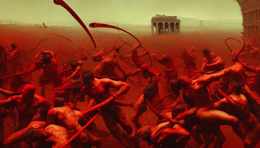 Image similar to only with red, bloody gladiator battle in a crowded roman amphitheatre, crowd cheering, in the style of beksinski and edward hopper and rodcenko and yue minjun and greg rutkowski, intricate and epic composition, red by caravaggio, highly detailed, masterpiece, red light, artstation, art nouveau