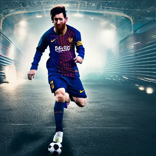 Prompt: messi playing soccer, cyberpunk aesthetic, 4 k, high - res, highly - detailed