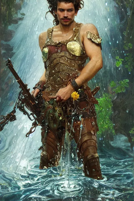 Image similar to portrait of a beautiful man wearing a warrior armor, holding a retro futuristic rifle, drenched body, wet dripping hair, emerging from the water, fantasy, regal, fractal crystal, fractal gems, by stanley artgerm lau, thomas kindkade, alphonse mucha, loish, norman rockwell