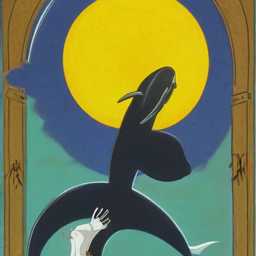 Prompt: the grim reaper riding a dolphin that is jumping over a rainbow, by tex avery,