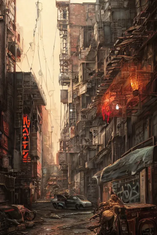Image similar to a highly detailed matte painting of a gang tag of a red wolf with a mohawk graffitied on a brownstone wall in a desolated cyberpunk street, by studio ghibli, makoto shinkai, by artgerm, by wlop, by greg rutkowski, volumetric lighting, octane render, 4 k resolution, trending on artstation, masterpiece