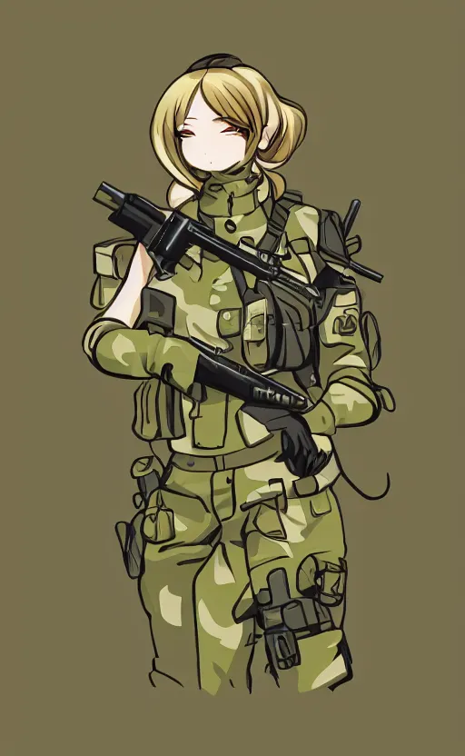 Prompt: shoulder patch design, soldier girl, anime style, clean logo design, military insignia, no text, soldier clothing, realistic military gear, 70mm, inspired by famous brands, made in photoshop, no background, vector line art, by professional designer, smooth, realistic anatomy, meme culture, highly detailed, high resolution, for printing, contrast colors, realistic gun, official girls frontline merch