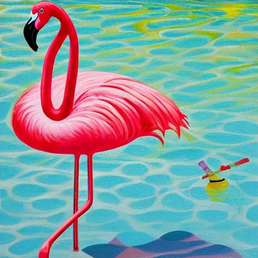 Prompt: flamingo pool float in a vast rippling swimming pool, oil painting