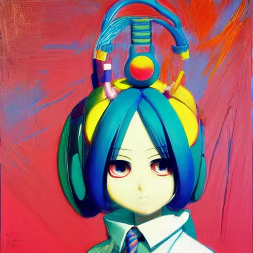 Prompt: a portrait of a serious Operator Hatsune miku by Wayne Thiebaud, painting by Wayne Thiebaud, heavy pigment, colourful, heavy impasto technique, anime style, big eyes, space age pop, Operator mic