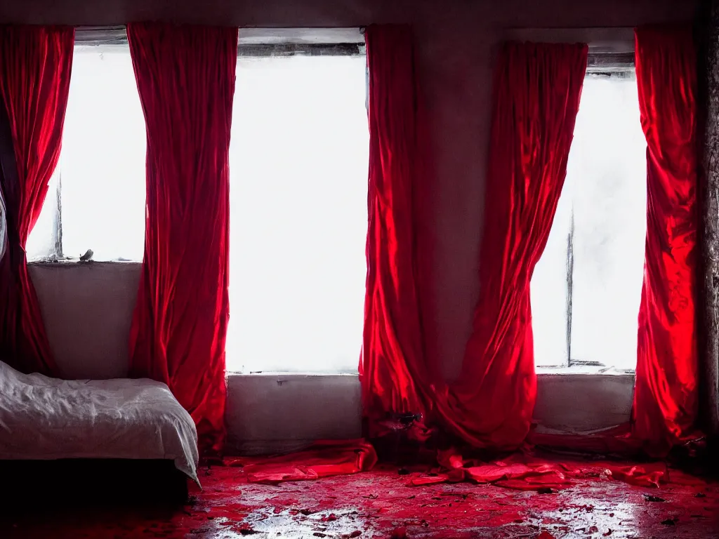Prompt: a nightmare, a big black and red room with a huge bed, bright red silk and shiny pastel on the bed, red torn curtains in the room, black floor with red fog floating on it, a child with red hair lying in bed, the child is scared, a huge window in the room, night outside the window, tree branches outside the window,