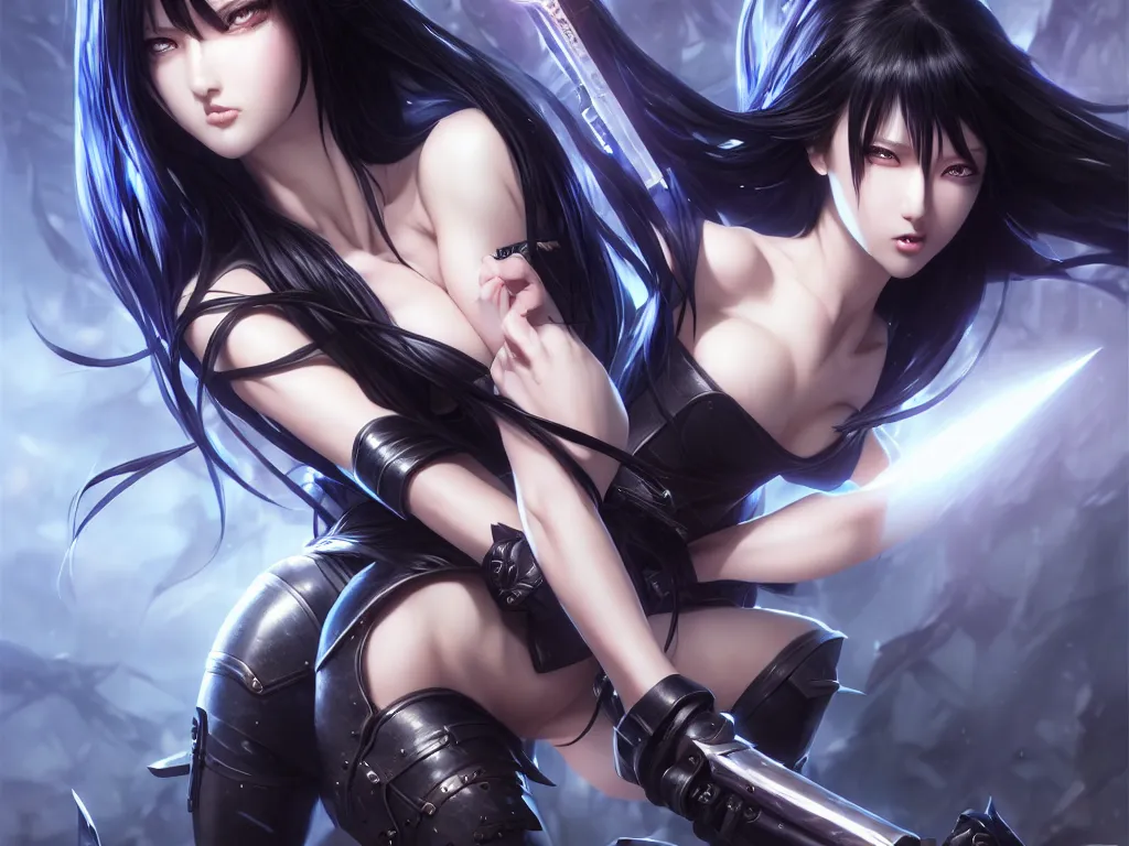 Image similar to extremely beautiful aesthetic girl with ego weapons, black long hair, occlusion shadow, specular reflection, rim light, unreal engine, octane render, artgerm, artstation, art by hiroaki samura and jiro matsumoto and yusuke murata, high quality, highly detailed 8 k, fantasy illustration, beautiful shape of body, epic scene