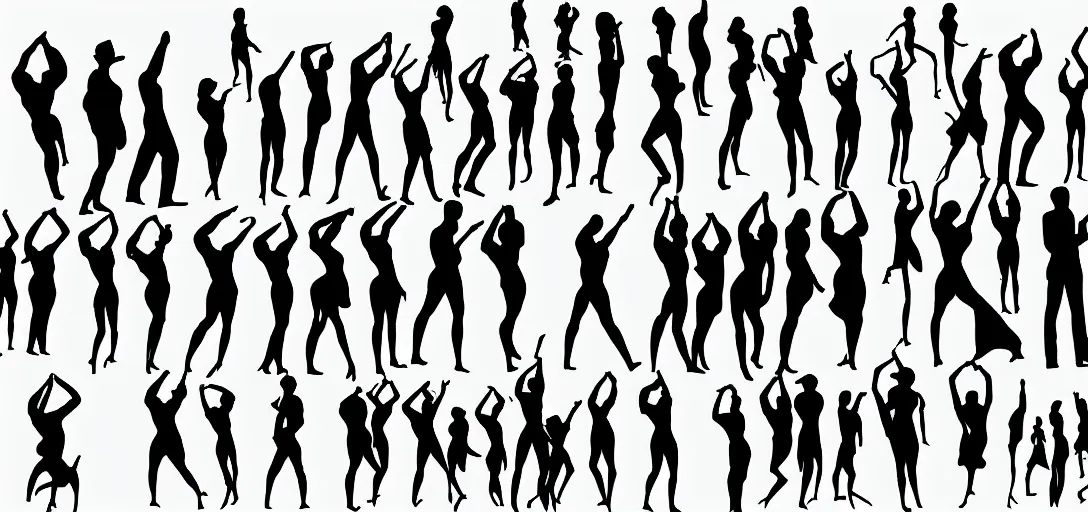 Image similar to many sensual humans in solid silhouettes, saluting, dancing, interacting and posing, mooc, organic and intricate, elegant, highly detailed, concept art, sharp focus, illustration, high contrast, long shadows, painted with colour on white, 8 k