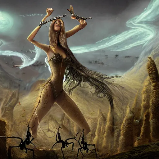 Image similar to A detailed matte painting of an elven woman with a giant ant standing behind her