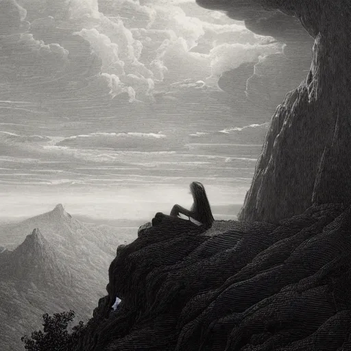 Prompt: A lonely woman looks down from a huge cliff, mountains, gorgeous view, velly distant forest, distant city, distant glow, night, sunset, dramatic light, Chiaroscuro, long shadows, dark, masterpiece, high detail, detailed, illustration by Paul Gustave Doré