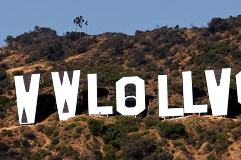 Prompt: california hillside with large sign made of white letters spelling hollywood