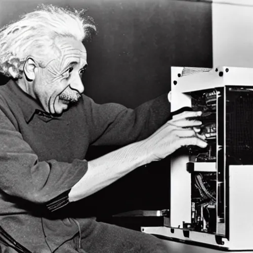 Image similar to albert einstein building a PC