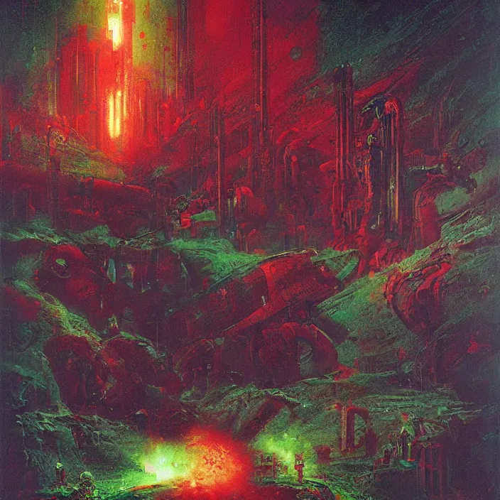 Prompt: gargantuan endless disappointment of crying souls in crack of humanity dissolution, red and green palette, by ( h. r. giger ) and paul lehr