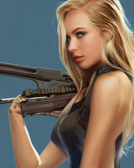 Prompt: side closeup of beautiful blonde female with blue eyes aiming l 9 6 a 1 rifle at target, award winning photography, extremely detailed, artstation, 8 k, sensual lighting, incredible art, wlop, artgerm, backlit, rim lighting, hi - fructose, cellshading, intricate lineart