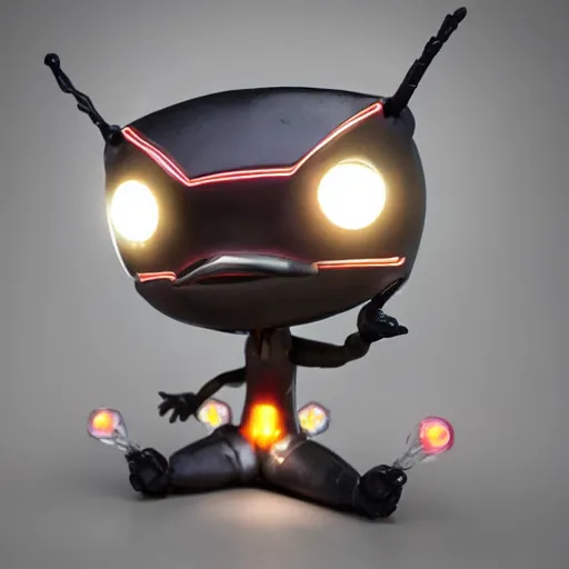 Prompt: a highly detailed vinyl figure with lighting bolts coming out of its eyes it is pointing to the right, square nose, electric eyes, sparking eyes, realistic lighting, realistic reflections, amazing