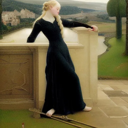 Image similar to Painting of Elle Fanning fencing, long blonde hair, delicate, pale milky white porcelain skin, by Edmund Leighton. 8K. Extremely detailed.