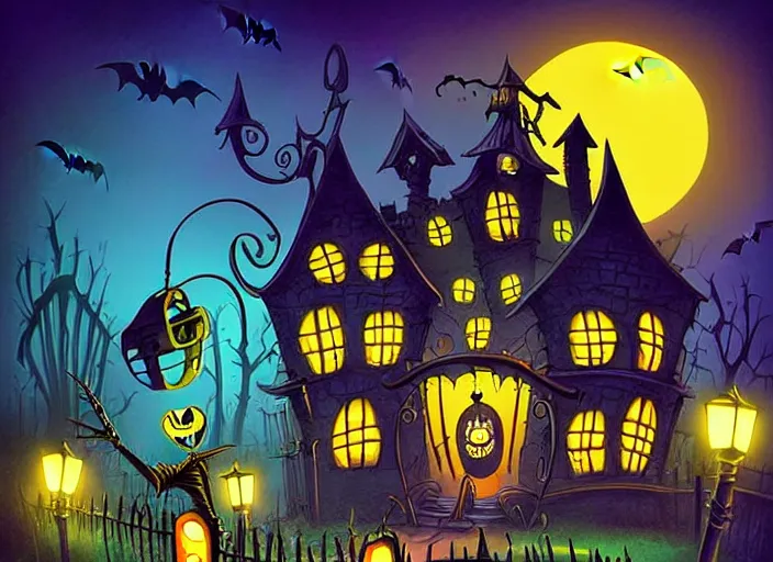 Image similar to Beautiful nostalgic digital art of a Halloween Town from Tim Burtons Nightmare Before Christmas in autumn at night by Brian Kesinger and Adrian Tomin