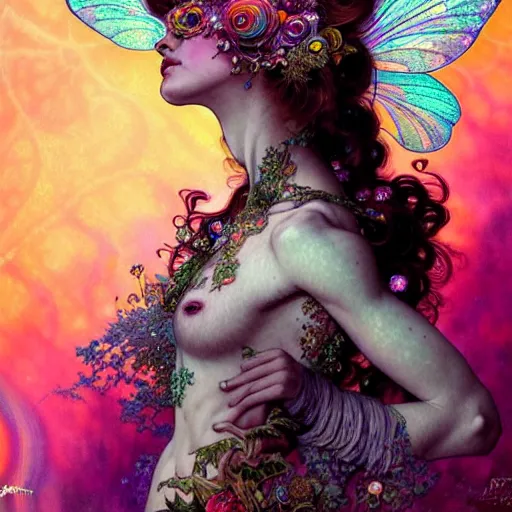 Image similar to An extremely psychedelic portrait of a fairy made of crystals, surreal, colorful, face, detailed, intricate, elegant, lithe, highly detailed, digital painting, artstation, concept art, smooth, sharp focus, illustration, art by Krenz Cushart and Artem Demura and alphonse mucha