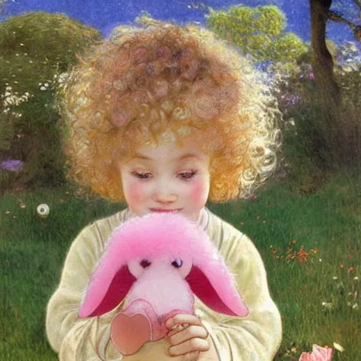 Image similar to a beautiful [[[smiling]]] little blonde toddler girl with short loosely curly hair, at the park on a beautiful day, holding a round all-pink stuffed penguin, by Artgerm, Mucha Klimt, Hiroshi Yoshida and Craig Mullins, featured on Artstation, CGSociety, Behance HD, Deviantart