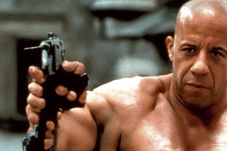 Prompt: film still of Vin Diesel as John McClane in Die Hard 1988