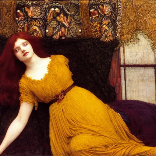 Image similar to preraphaelite photography reclining on bed, a hybrid of judy garland and a hybrid of sappho and eleanor of aquitaine, aged 2 5, big brown fringe, yellow ochre ornate medieval dress, john william waterhouse, kilian eng, rosetti, john everett millais, william holman hunt, william morris, 4 k