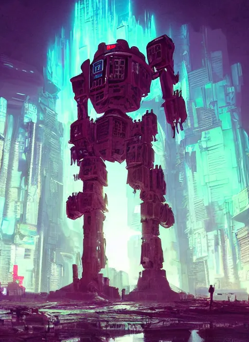 Prompt: a painting of a giant robot standing in front of a post apocalyptic city ruins, cyberpunk art by beeple, artstation hd, dystopian art, apocalypse art, sci - fi, glowing neon lights anamorphic lens flare