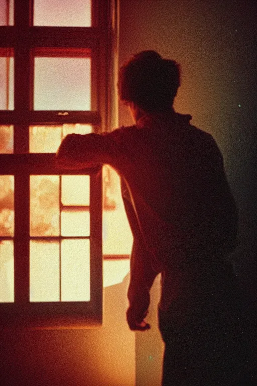 Prompt: agfa vista 4 0 0 photograph of a guy on a cluttered bedroom looking out a window, back view, synth vibe, vaporwave colors, lens flare, moody lighting, moody vibe, telephoto, 9 0 s vibe, blurry background, grain, tranquil, calm, faded!,