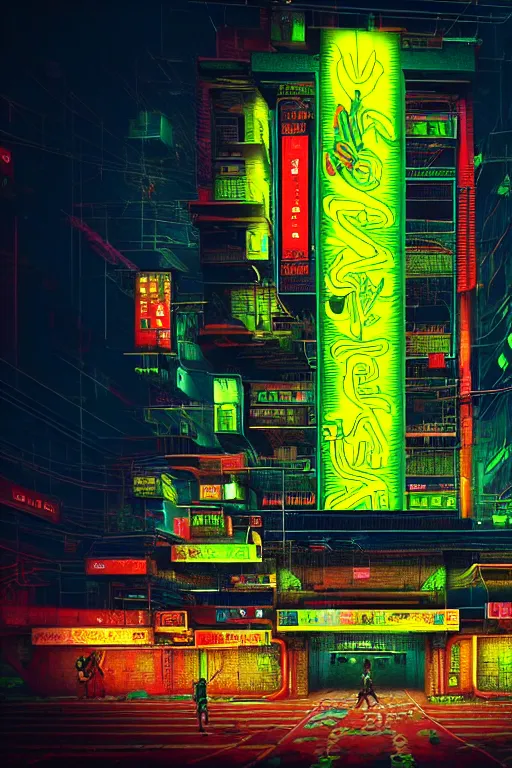 Prompt: high quality photo hyperrealistic cyberpunk hanuman head building, neon yellow madhubani, highly detailed, in sci - fi mumbai, unreal engine cinematic smooth, liam wong, moody light, low angle, uhd 8 k, sharp focus