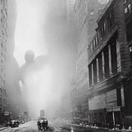 Image similar to old black and white photo, 1 9 1 3, depicting a giant alien kaiju monster rampaging through the bustling streets of new york city, historical record, volumetric fog