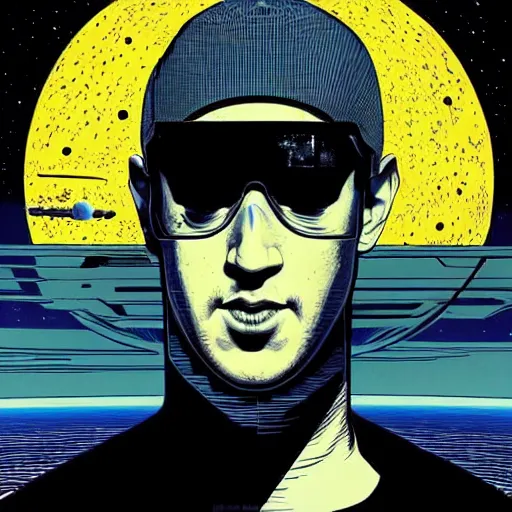 Image similar to majestic mark zuckerberg in space, satellite perspective, high details, bold line art, by vincent di fate and joe fenton, inking, etching, screen print, masterpiece, trending on artstation, sharp, high contrast, hyper - detailed, hd, 4 k, 8 k