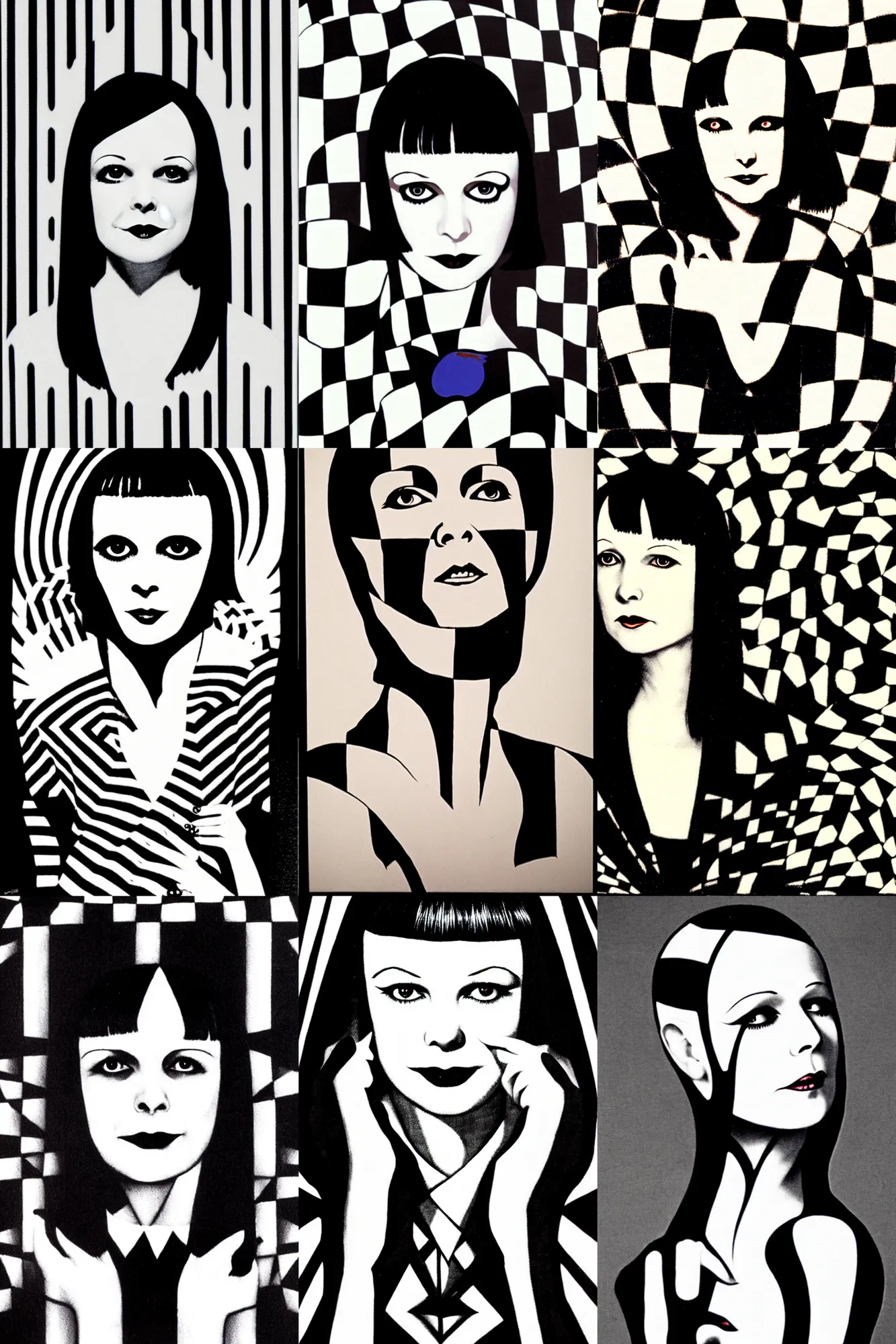 Prompt: portrait of mary louise brooks as a vampire, op art, mcbess