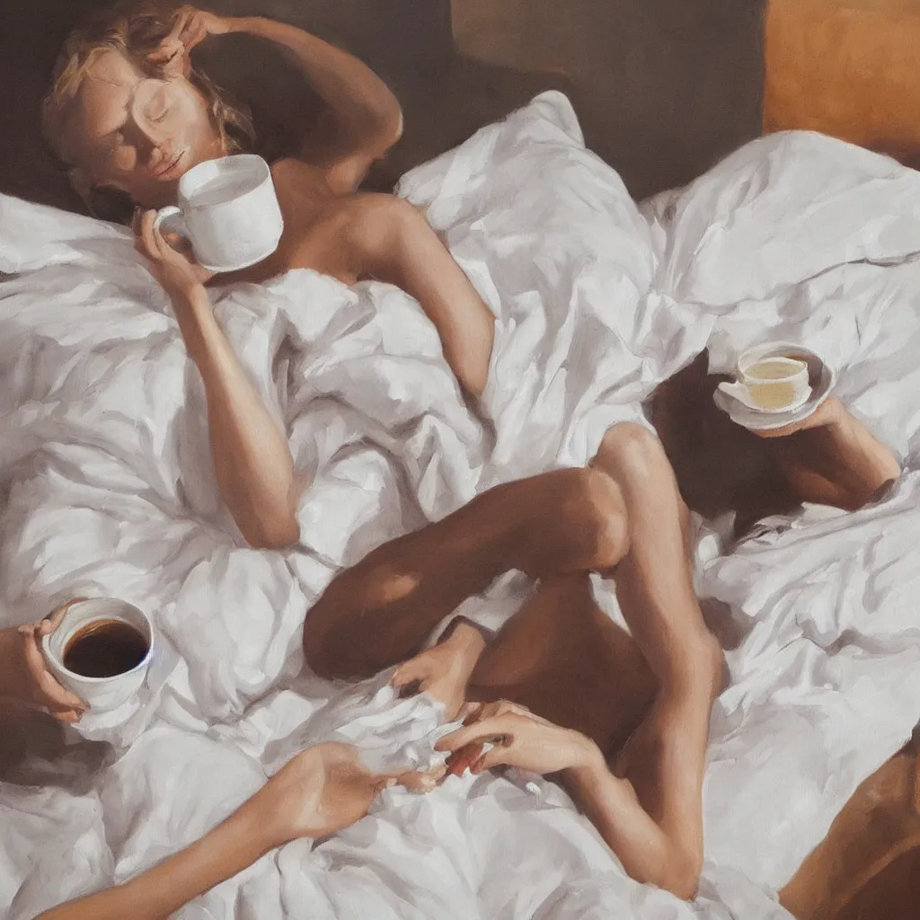 Prompt: a beautiful painting of a beautiful far woman drinking coffee in a bed with white sheets drinking coffee