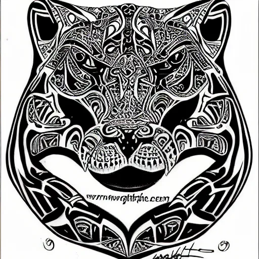 Image similar to jaguar head tattoodesign, sacred geometry, symmetrical, frontview, black and white, white background. very detailed ink drawing, fine lineart, extremely detailed