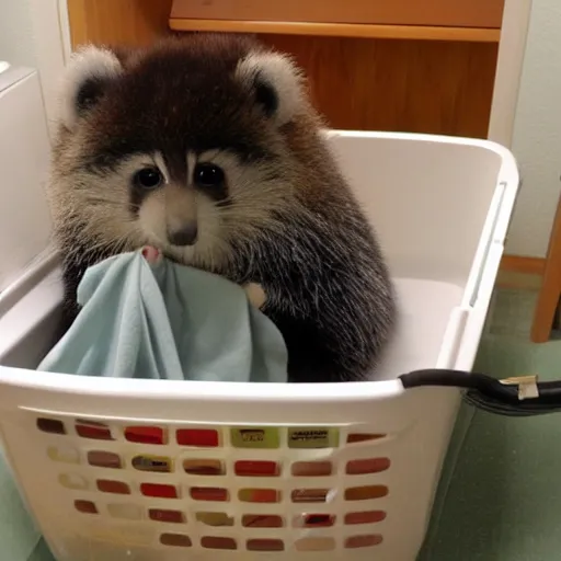 Prompt: Tanuki doing his laundry