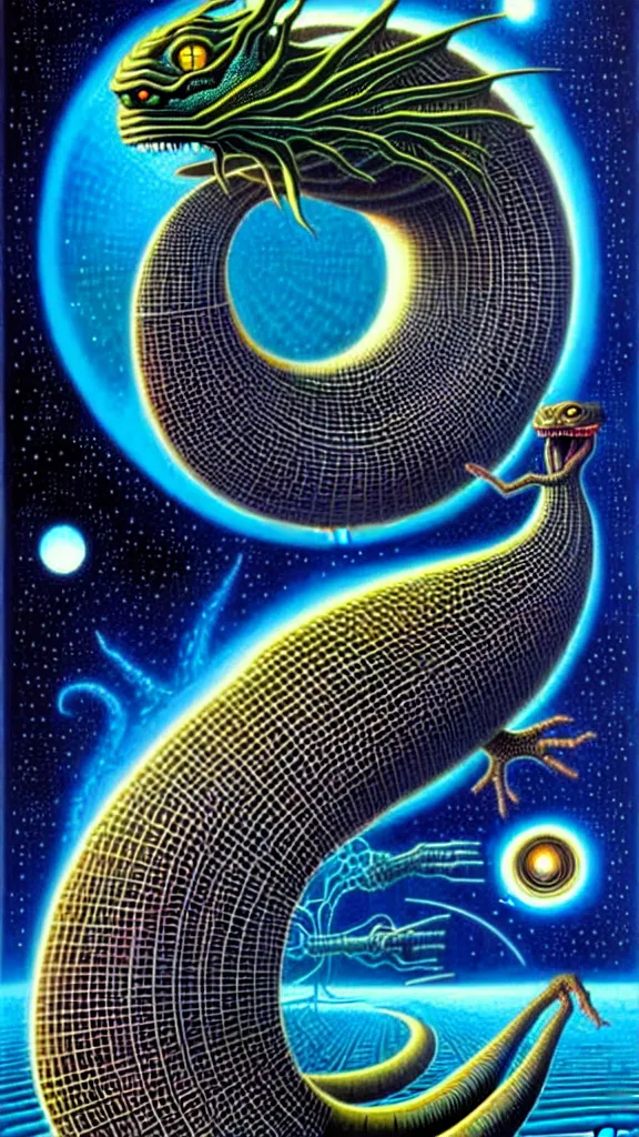 Prompt: a scifi illustration, roko's basilisk comes online by rafal olbinski