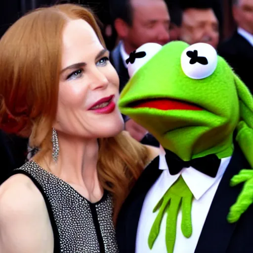 Image similar to Kermit the Frog in a suit and tie kissing Nicole Kidman in a dress on the red carpet movie still photo journalism 4k