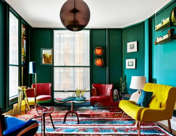 Prompt: apartment designed by nate berkus, retro 1 9 5 0 s colors