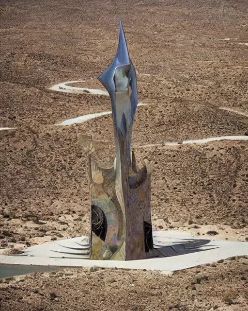 Image similar to strange cyberpunk pagan giant monument in the middle of the desert by dali and bosch and moebius