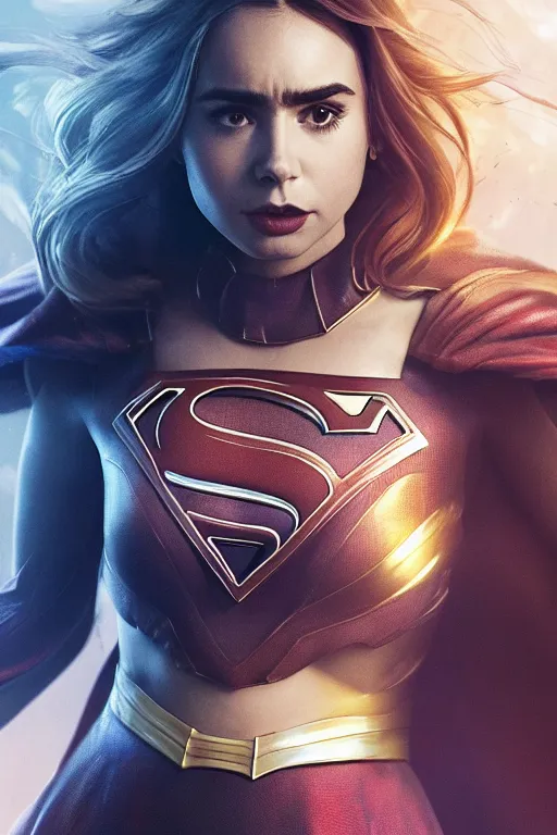 Prompt: a fancy close up of Lily Collins as Supergirl full body armor by Greg Rutkowski, Sung Choi, Mitchell Mohrhauser, Maciej Kuciara, Johnson Ting, Maxim Verehin, Peter Konig, 8k photorealistic, cinematic lighting, HD, high details, dramatic, trending on artstation, full body shot