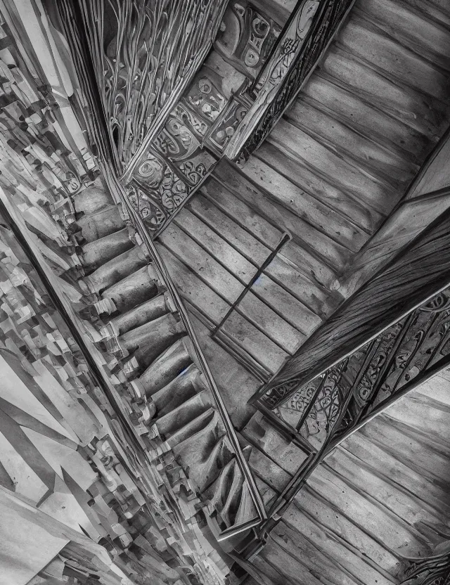 Prompt: looking down a staircase in the style of gothic brutalist architecture hyper detailed photorealistic hd 8 k post - processing high resolution