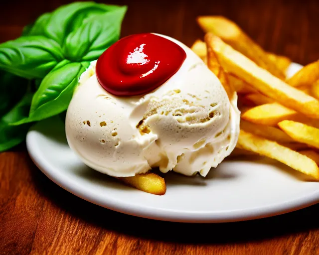 Image similar to dslr food photograph of vanilla ice cream with ketchup on, a leaf of basil on the ice cream, french fries on the side, bokeh, 8 5 mm f 1. 4