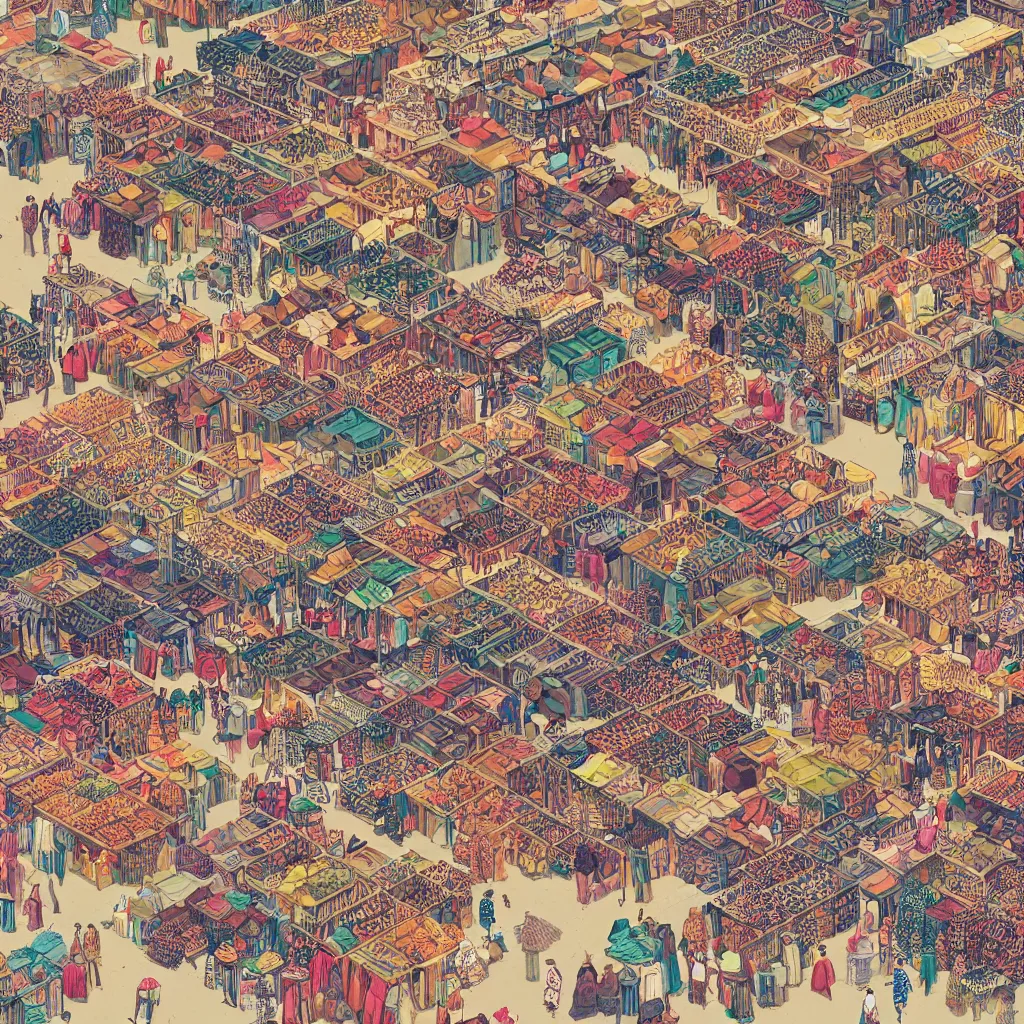 Image similar to isometric view illustration of a Souk in Marrakesh, highly detailed mid day by Victo Ngai