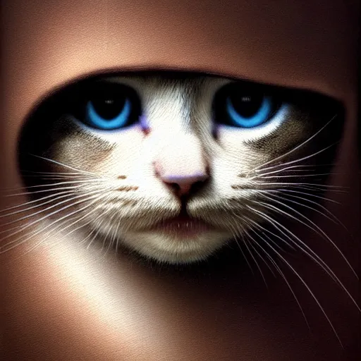 Image similar to a portrait of a kitten wearing a black hood, cloak covering face, anatomically correct, beautiful perfect face, enigmatic, oil painting, matte, black background, Volumetric dynamic lighting, Highly Detailed, Cinematic Lighting, Unreal Engine, 8k, HD, by Beksinski