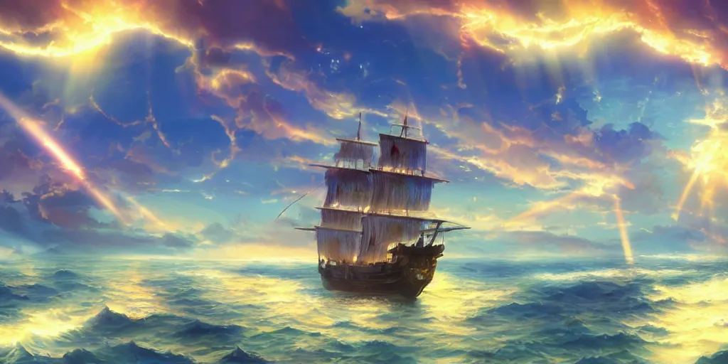 Image similar to pirate ship sailing with glowing birds near the ship, blue sunrays piercing the clouds crepuscular rays, boisterous heaven, raging sky, storm, sun lighting, hd wallpaper thousand sunny one piece, through clouds, makoto shinkai, lighting refraction, volumetric lighting, pixiv art, highly detailed, anime art, symmetrical, anime art