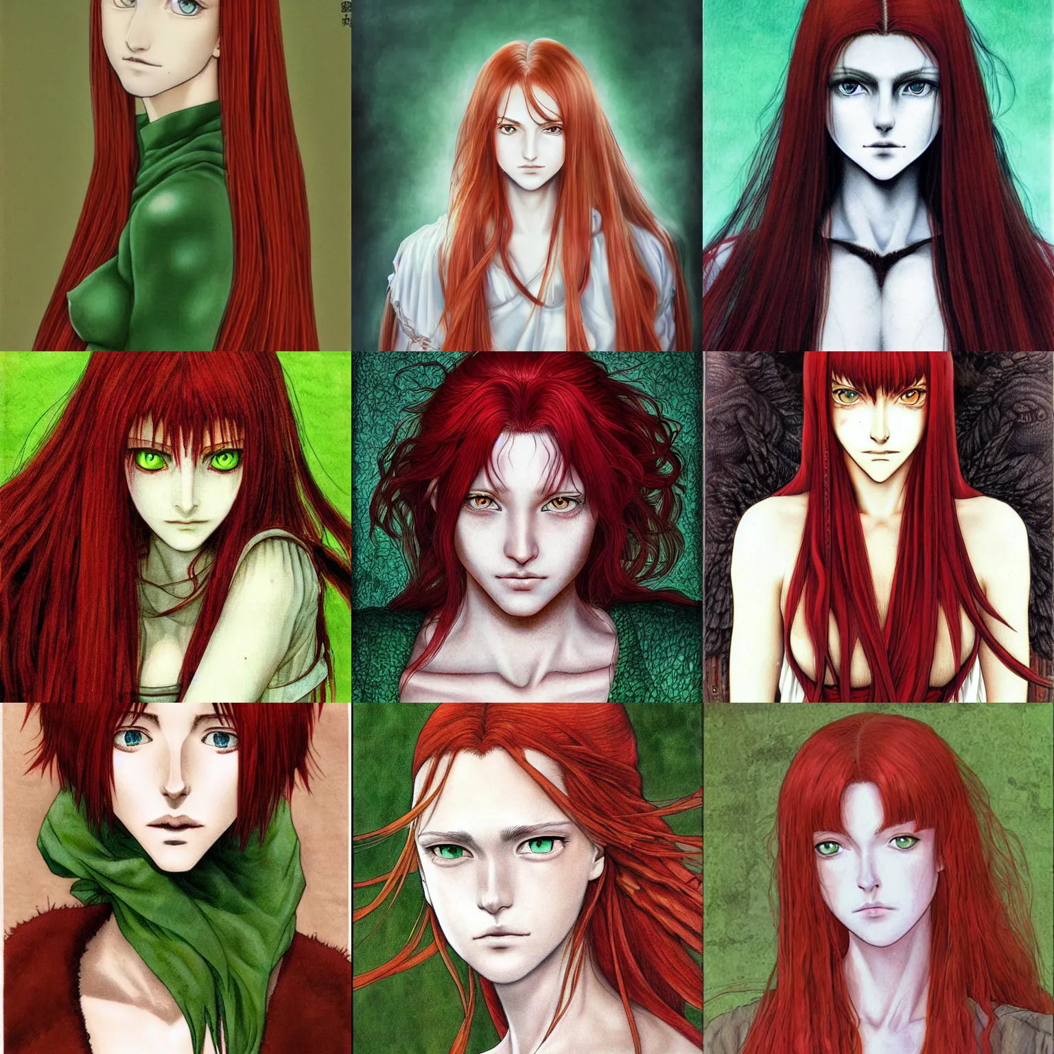 Prompt: portrait of a beautiful woman, long crimson hair, unsettling green eyes, pale and unblemished skin, colored, by Kentaro Miura