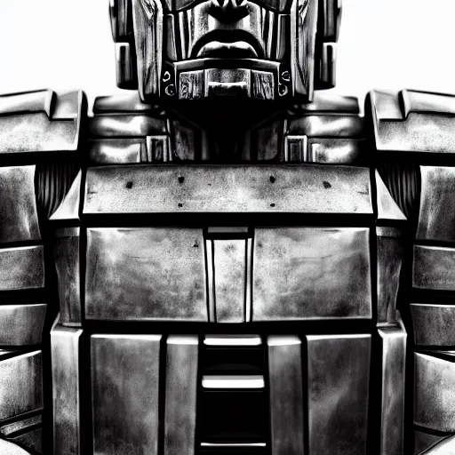 Image similar to symmetrical, close up face portrait of Optimus Prime, scowling, studio lighting, depth of field, photography, black and white, highly detailed