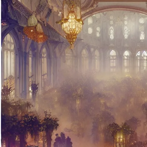 Image similar to a beautifull intricate watercolour painting of a ballroom, reflexions, verry high details by william turner art, greg rutkowski and alphonse mucha, trending on artstation, very very detailed, masterpiece, muted colors