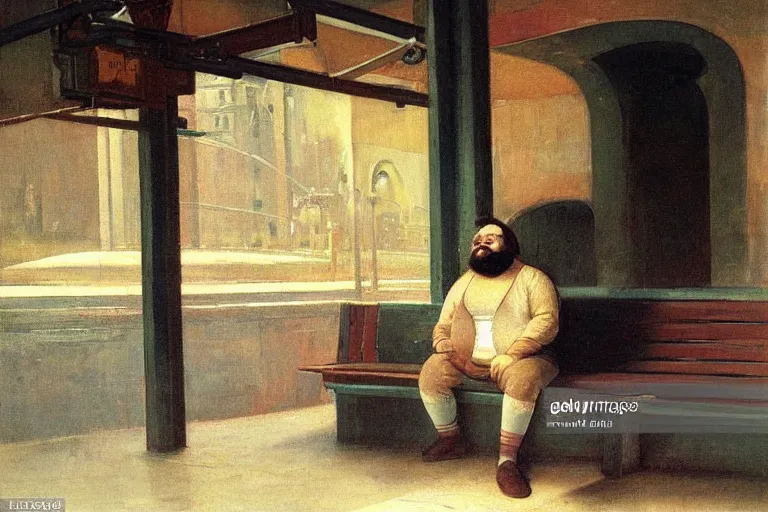 Prompt: portrait of a chubby bearded young man with glasses sitting alone on a bench in a subway station, glowing with silver light, color by Franz Marc, highly detailed architecture by Jean-Léon Gérôme, by Winsor McCay, today's featured photograph, 16K