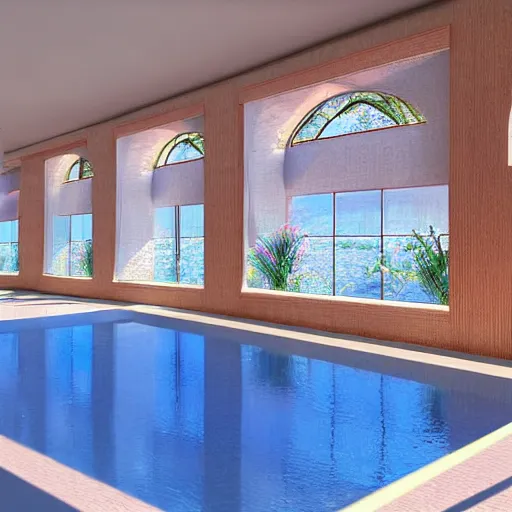 Image similar to A sunlit indoor lounge area with a pool with clear water and another pool with translucent pastel pink water, next to a big window, digital art