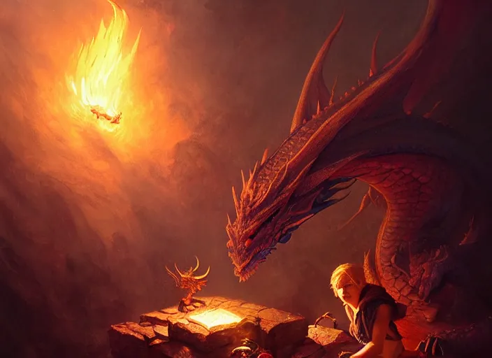 Prompt: dragon sleeping on a pile of treasure, dramatic light, dungeon background, torches, high detail, fantasy background, painted by stanley lau, painted by greg rutkowski, painted by stanley artgerm, digital art, trending on artstation