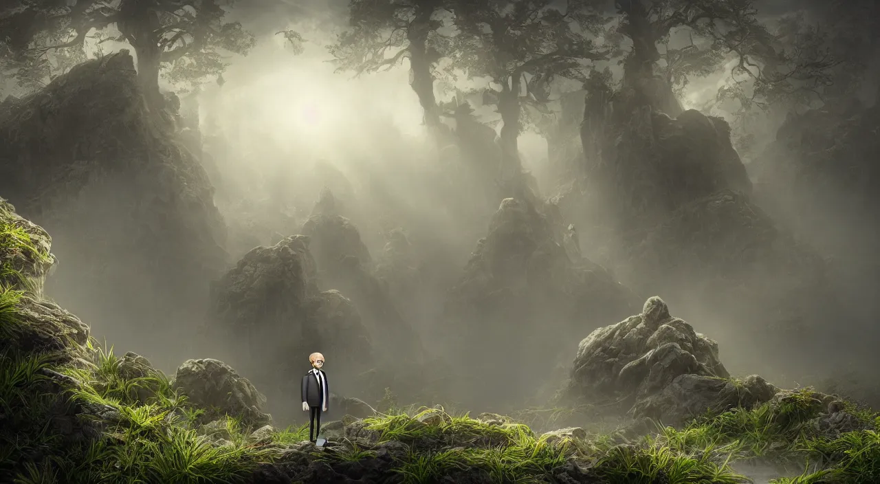 Image similar to photorealistic matte painting of mr burns of the simpsons standing far in misty overgrowth undergrowth jagged rock features volumetric fog light rays high contrast dawn